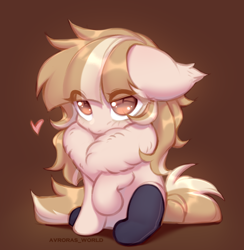 Size: 2150x2200 | Tagged: safe, artist:avroras_world, derpibooru import, part of a set, oc, oc only, oc:gelya, pony, brown background, chest fluff, clothes, commission, cute, ears, eye clipping through hair, floppy ears, heart, looking up, ocbetes, simple background, sitting, socks, solo, ych result