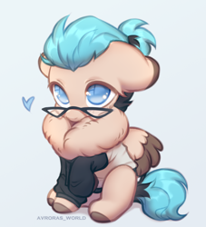 Size: 2000x2200 | Tagged: safe, artist:avroras_world, derpibooru import, part of a set, oc, oc only, pegasus, pony, chest fluff, commission, cute, ears, floppy ears, glasses, heart, looking up, ocbetes, simple background, sitting, solo, white background, ych result