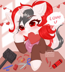 Size: 2733x3000 | Tagged: safe, artist:candybun, derpibooru import, oc, oc only, oc:red rocket, unicorn, fallout equestria, blushing, commission, dynamite, explosives, female, fire, hammer, heart, hearts and hooves day, holiday, horn, lighter, mare, paper, pencil, scissors, signature, solo, unicorn oc, ych result