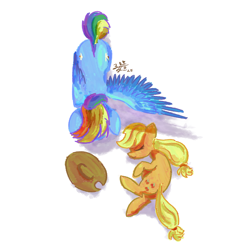 Size: 2600x2600 | Tagged: safe, artist:boxwari, derpibooru import, applejack, rainbow dash, earth pony, pegasus, pony, g4, duo, duo female, eyes closed, female, hat off, high res, lying down, mare, not dead, on side, one wing out, overhead view, simple background, sleeping, white background, wings