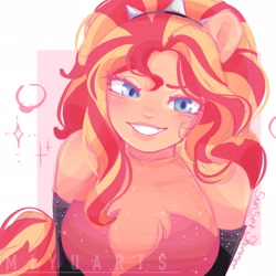 Size: 2048x2048 | Tagged: safe, artist:miyuartss, derpibooru import, sunset shimmer, human, equestria girls, g4, beautiful, black gloves, blushing, breasts, clothes, cute, cyan eyes, female, gloves, grin, hair, hair bun, lips, looking at you, ponied up, shimmerbetes, simple background, smiling, smiling at you, solo, sunset jiggler, super ponied up, two toned hair