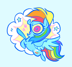 Size: 1638x1542 | Tagged: safe, artist:janegumball, derpibooru import, rainbow dash, pegasus, pony, g4, big eyes, chibi, colored sclera, female, flying, furrowed brow, light blue background, looking at you, mare, no catchlights, open mouth, open smile, simple background, smiling, smiling at you, solo, spread wings, stars, white pupils, wings, yellow sclera