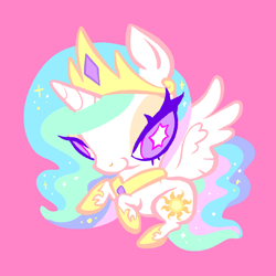 Size: 2048x2048 | Tagged: safe, artist:janegumball, derpibooru import, princess celestia, alicorn, pony, g4, big eyes, chibi, female, looking at you, mare, pink background, rearing, simple background, smiling, smiling at you, solo, spread wings, unusual pupils, white pupils, wings