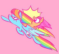 Size: 1297x1182 | Tagged: safe, artist:janegumball, derpibooru import, rainbow dash, scootaloo, pegasus, pony, g4, duo, duo female, female, filly, flying, foal, mare, narrowed eyes, open mouth, open smile, pink background, ponies riding ponies, riding, riding a pony, scootaloo riding rainbow dash, sibling love, siblings, simple background, sisterly love, sisters, smiling, windswept mane