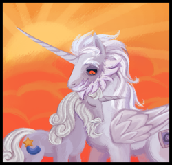 Size: 639x614 | Tagged: safe, artist:acura, derpibooru import, star swirl the bearded, oc, oc:acura, alicorn, unicorn, g4, alicorn oc, beard, black sclera, facial hair, gay, horn, long horn, male, moustache, orange background, simple background, stallion, wings