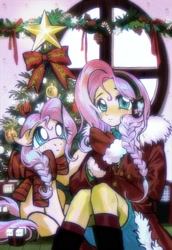 Size: 1320x1920 | Tagged: safe, artist:qianhe498, derpibooru import, fluttershy, human, pegasus, pony, equestria girls, g4, braid, christmas, christmas tree, clothes, duo, earmuffs, gloves, holiday, human ponidox, mittens, self paradox, self ponidox, tree, winter outfit