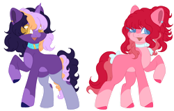 Size: 1280x817 | Tagged: safe, artist:kaenashepard, derpibooru import, oc, oc only, oc:dusk sparkle, oc:rosie pie, earth pony, pony, unicorn, base used, blue eyes, blue pupils, bow, choker, clothes, coat markings, collar, colored hooves, duo, duo female, ear piercing, earring, earth pony oc, female, golden eyes, hair over one eye, hooves, horn, jewelry, magical lesbian spawn, mare, mare oc, offspring, pale belly, parent:big macintosh, parent:pinkie pie, parent:sassy saddles, parent:twilight sparkle, parents:pinkiemac, parents:sassylight, piercing, pink coat, purple coat, red mane, simple background, socks, socks (coat marking), tail, tail bow, three toned mane, three toned tail, transparent background, unicorn oc, yellow pupils