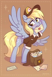 Size: 1378x2039 | Tagged: safe, artist:skysorbett, derpibooru import, derpy hooves, pegasus, pony, g4, bag, blushing, clothes, female, gradient background, letter, mailmare, mailmare uniform, mare, mouth hold, solo, spread wings, uniform, wings