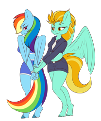 Size: 2500x3000 | Tagged: safe, artist:hallie_spaniel, derpibooru import, lightning dust, rainbow dash, anthro, unguligrade anthro, g4, arrested, belly, belly button, cuffed, cuffs, duo, duo female, female, officer ld, prisoner, prisoner rd, simple background, transparent background