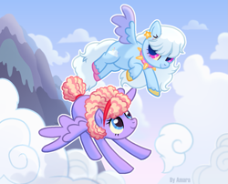 Size: 1341x1082 | Tagged: safe, artist:amarantastar, derpibooru import, oc, oc only, oc:fluff snowflake, pegasus, pony, choker, cloud, duo, ear piercing, earring, female, flying, hairband, jewelry, mare, mountain, outdoors, piercing, spiked choker, unshorn fetlocks