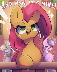 Size: 2150x2700 | Tagged: safe, artist:miryelis, derpibooru import, babs seed, diamond tiara, silver spoon, earth pony, pony, g4, one bad apple, jerks, looking at you, my little pony: friendship is magic, short hair, smiling, text