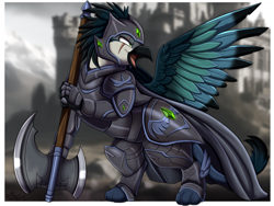 Size: 3527x2657 | Tagged: safe, artist:pridark, derpibooru import, oc, oc only, griffon, armor, axe, battle axe, griffon oc, outdoors, passepartout, solo, weapon