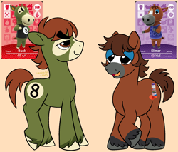 Size: 2000x1700 | Tagged: safe, artist:leopardsnaps, derpibooru exclusive, derpibooru import, earth pony, pony, animal crossing, blaze (coat marking), buck (animal crossing), coat markings, colored hooves, duo, duo male, elmer (animal crossing), elmer's glue, facial markings, hooves, lidded eyes, male, open mouth, ponified, raised hoof, raised leg, simple background, smiling, socks (coat marking), species swap, stallion, thick eyebrows, unshorn fetlocks