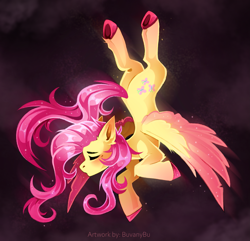 Size: 2613x2517 | Tagged: safe, artist:buvanybu, derpibooru import, fluttershy, pegasus, pony, g4, colored wings, eyes closed, female, flying, mare, pink hooves, pink mane, pink tail, signature, tail, two toned wings, unshorn fetlocks, upside down, wings, yellow coat