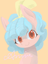 Size: 1080x1440 | Tagged: safe, artist:aaaaamia, derpibooru import, cozy glow, pegasus, pony, g4, female, filly, foal, hair ribbon, looking at you, orange background, ribbon, signature, simple background, smiling, smiling at you, solo, upper body