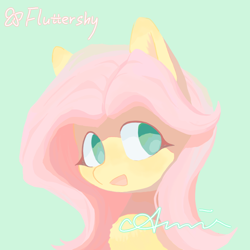 Size: 1080x1080 | Tagged: safe, artist:aaaaamia, derpibooru import, fluttershy, pegasus, pony, g4, :d, blushing, character name, female, green background, mare, open mouth, open smile, signature, simple background, smiling, solo, upper body