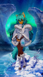 Size: 1702x3000 | Tagged: oc name needed, safe, artist:dogs, derpibooru exclusive, derpibooru import, oc, oc only, anthro, anthro oc, aurora borealis, clothes, coat, collage, glowing, green eyes, green hair, green tail, ice, orange coat, outdoors, photoshop, scenery, snow, tail