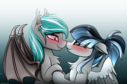 Size: 1505x1000 | Tagged: safe, artist:andaluce, derpibooru import, oc, oc only, oc:haze northfleet, oc:malachite cluster, bat pony, pegasus, pony, abstract background, blushing, boop, chest fluff, couple, cute, duo, ear fluff, ears, female, holding hooves, male, mare, ocbetes, partially open wings, smiling, stallion, wings