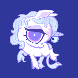 Size: 2048x2048 | Tagged: safe, artist:janegumball, derpibooru import, classical unicorn, pony, unicorn, big eyes, bipedal, blue background, chibi, cloven hooves, female, head turn, horn, lady amalthea, leonine tail, long feather, looking at you, mare, simple background, smiling, smiling at you, solo, the last unicorn, unshorn fetlocks, white pupils