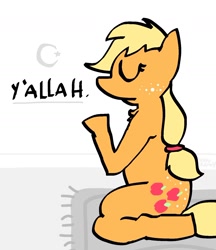 Size: 1280x1479 | Tagged: safe, artist:vaporammy, derpibooru import, applejack, earth pony, pony, g4, anatomically incorrect, butt freckles, carpet, chest fluff, female, freckles, hatless, hooves together, incorrect leg anatomy, islam, joke, kneeling, mare, meme, missing accessory, praying, pun, religion, solo, wordplay, you're doing it wrong