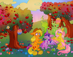 Size: 1905x1500 | Tagged: safe, artist:ayyolilikoi, derpibooru import, applejack, fluttershy, twilight sparkle, twilight sparkle (alicorn), alicorn, earth pony, pegasus, pony, g4, apple, apple tree, chest fluff, colored hooves, coughing, drugs, female, flower, flutterhigh, high, hooves, joint, lantern, mare, marijuana, mushroom, outdoors, paper lantern, sitting, smoke, smoking, sweet apple acres, tail, tail feathers, tree, trio, trio female