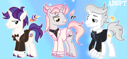 Size: 1280x598 | Tagged: safe, artist:vi45, derpibooru import, oc, oc only, pony, unicorn, adoptable, base used, bowtie, clothes, colored hooves, crossed hooves, eyebrows, golden eyes, gradient background, gray coat, gray eyes, gray mane, gray tail, green eyes, head turn, hooves, horn, looking at someone, looking down, male, male oc, narrowed eyes, necktie, outline, pink hooves, profile, purple hooves, purple mane, purple tail, raised eyebrow, smiling, smiling at someone, stallion, stallion oc, standing, suit, tail, three quarter view, trio, trio male, tuxedo, two toned mane, two toned tail, unicorn horn, unicorn oc, unshorn fetlocks, white coat, white outline, white suit