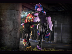 Size: 7200x5400 | Tagged: safe, artist:imafutureguitarhero, derpibooru import, sci-twi, sunset shimmer, twilight sparkle, twilight sparkle (alicorn), alicorn, anthro, classical unicorn, unguligrade anthro, unicorn, g4, 3d, :3, absurd file size, absurd resolution, adidas, alicornified, arm fluff, arm freckles, armpit fluff, armpits, belt, black bars, boots, bridge, cheek fluff, chin fluff, chromatic aberration, claws, clothes, cloven hooves, collar, colored eyebrows, colored eyelashes, colored wings, dork, drawstrings, duo, ear fluff, ear freckles, ears, evening gloves, female, film grain, fingerless elbow gloves, fingerless gloves, floppy ears, fluffy, fluffy hair, fluffy mane, fluffy tail, freckles, fur, glasses, glasses off, glasses on head, gloves, grass, grin, height difference, hoodie, horn, latex, latex clothes, latex gloves, latex mask, latex pants, leaning on someone, leonine tail, lesbian, letterboxing, long gloves, looking at you, mare, mask, menacing, multicolored hair, multicolored mane, multicolored tail, neck fluff, night, nose wrinkle, one ear down, one eye closed, outdoors, peppered bacon, race swap, revamped anthros, revamped ponies, road, road sign, sci-twilicorn, sci-twishimmer, shiny, shipping, shoes, short, shortstack, shoulder fluff, shoulder freckles, signature, skintight clothes, sky, smiling, smiling at you, snow, source filmmaker, street, sunsetsparkle, tail, tanktop, tree, two toned wings, unshorn fetlocks, wall of tags, wing fluff, wing freckles, wings, wink, winking at you