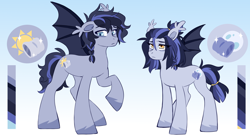 Size: 1910x1049 | Tagged: safe, artist:cheekipone, derpibooru import, oc, oc only, oc:daydream doze, oc:nighttime nap, bat pony, pony, bat ears, bat pony oc, bat wings, brother and sister, duo, duo male and female, ear tufts, female, gradient background, male, mare, raised hoof, raised leg, reference sheet, siblings, slit eyes, spread wings, stallion, twins, wings