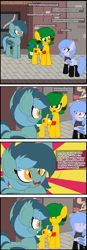 Size: 2496x7194 | Tagged: safe, artist:jerkface, derpibooru import, oc, oc only, oc:blocky bits, oc:dusky, oc:lockie, oc:lucky roll, bat pony, earth pony, pony, bat pony oc, bat wings, chair, clothes, comic, dialogue, dialogue box, dot eyes, earth pony oc, eye clipping through hair, eyebrows, eyes closed, fangs, grin, lego, necktie, open mouth, open smile, raised eyebrow, smiling, socks, speech bubble, trottingham, underhoof, wings