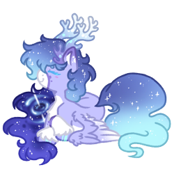 Size: 1000x1000 | Tagged: safe, artist:kazmuun, derpibooru import, oc, oc only, oc:frosted galaxy, pegasus, pony, antlers, beanbrows, blue eyelashes, blue mane, blue tail, blush lines, blushing, chibi, coat markings, colored, colored antlers, colored belly, colored eartips, colored eyebrows, colored eyelashes, colored hooves, colored lineart, colored muzzle, colored pinnae, colored wings, colored wingtips, commission, crossed hooves, ethereal mane, eyebrows, eyes closed, female, female oc, flat colors, galaxy mane, galaxy tail, gradient antlers, gradient ears, gradient wings, gradient wingtips, hooves, lavender coat, leg markings, long mane, long tail, lying down, mare, mare oc, mismatched mane and tail, pale belly, pale muzzle, pegasus oc, profile, prone, purple coat, purple hooves, shiny eyelashes, shiny hooves, signature, simple background, smiling, socks (coat marking), solo, starry mane, starry tail, tail, transparent background, two toned wings, unshorn fetlocks, wavy mane, wavy tail, white muzzle, white wingtips, wing fluff, wing markings, wings, wings down