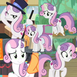 Size: 720x720 | Tagged: safe, derpibooru import, edit, edited screencap, editor:megalobronia, screencap, scootaloo, sweetie belle, pony, unicorn, g4, growing up is hard to do, the last problem, bipedal, cane, collage, hat, horn, messy mane, mud, muddy, my little pony: friendship is magic, offscreen character, older, older sweetie belle, outdoors, solo focus, the cmc's cutie marks, top hat