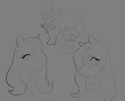 Size: 975x789 | Tagged: safe, artist:cowhour, derpibooru import, big macintosh, discord, fluttershy, anthro, draconequus, earth pony, pegasus, g4, bust, female, grayscale, male, monochrome, portrait, sketch, trio