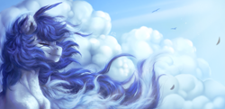 Size: 2755x1337 | Tagged: safe, artist:raychelrage, derpibooru import, oc, oc only, oc:rachel rage, pony, bust, cloud, detailed, eyes closed, outdoors, sky, smiling, solo, windswept mane