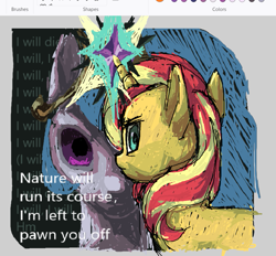 Size: 855x794 | Tagged: safe, artist:skypaw10, derpibooru import, princess celestia, sunset shimmer, alicorn, pony, unicorn, g4, art program in frame, context needed, die your daughter, duo, female, horn, jewelry, lyrics, mare, ms paint, regalia, susannah joffe, text