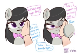 Size: 1992x1356 | Tagged: safe, artist:mar0x8, derpibooru import, edit, octavia melody, earth pony, human, pony, g4, beautiful eyes, behaving like a cat, blushing, bronybait, bust, cute, dialogue, heartwarming, human on pony petting, petting, primal, simple background, smiling, sweet dreams fuel, tavibetes, text, white background