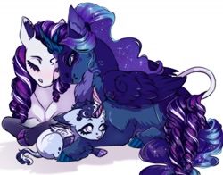 Size: 1276x1000 | Tagged: safe, artist:theartfox2468, derpibooru import, princess luna, rarity, oc, oc:aurora trivia radiant moon, alicorn, pony, unicorn, :p, alicorn oc, alternate hairstyle, baby, blind, blushing, coat markings, curved horn, description is relevant, eyes closed, fangs, female, filly, foal, horn, leonine tail, lesbian, magical lesbian spawn, mare, mother and child, mother and daughter, offspring, parent and child, parent:princess luna, parent:rarity, parents:rariluna, redesign, ship:rariluna, shipping, simple background, story included, tail, tongue, tongue out, trio, trio female, unshorn fetlocks, white background, wings