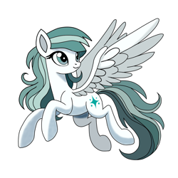 Size: 1200x1200 | Tagged: safe, artist:495pygly, derpibooru import, oc, oc only, oc:frostwing blade, pegasus, pony, digital art, elegant, flying, graceful, happy, long mane, long tail, photo, simple background, smiling, solo, spread wings, tail, teal mane, white background, white fur, wings