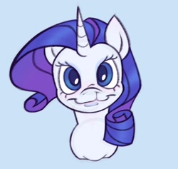 Size: 1054x1000 | Tagged: safe, artist:partyponypower, derpibooru import, rarity, pony, unicorn, g4, alternate design, big eyes, blue background, blue pupils, bust, cleft lip, colored pupils, eyelashes, facing you, female, horn, light blue background, looking at you, mare, ringlets, shiny mane, simple background, smiling, smiling at you, solo