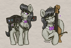 Size: 1764x1192 | Tagged: safe, artist:reddthebat, derpibooru import, octavia melody, earth pony, pony, g4, body freckles, bowtie, cello, cello case, chest fluff, dexterous hooves, ear fluff, ear freckles, ears, emanata, ergonomics, eyes closed, female, floating heart, freckles, head turn, heart, hoof hold, leg freckles, looking at you, mare, musical instrument, smiling, smiling at you, solo, straps