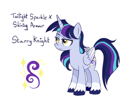 Size: 1480x1280 | Tagged: safe, artist:proficdroid, derpibooru import, oc, oc only, oc:starry knight, alicorn, pony, alicorn oc, blaze (coat marking), character name, coat markings, colored wings, cutie mark, facial markings, gradient wings, horn, lidded eyes, offspring, parent:shining armor, parent:twilight sparkle, parents:shining sparkle, product of incest, reference sheet, simple background, socks (coat marking), solo, unshorn fetlocks, white background, wings