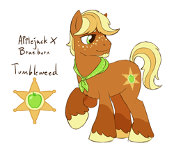 Size: 1480x1280 | Tagged: safe, artist:proficdroid, derpibooru import, oc, oc only, oc:tumbleweed, earth pony, pony, accessory, beard, coat markings, facial hair, freckles, goatee, neckerchief, offspring, parent:applejack, parent:braeburn, parents:braejack, product of incest, simple background, socks (coat marking), solo, unshorn fetlocks, white background