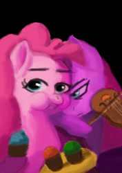 Size: 827x1169 | Tagged: safe, artist:thekramer, derpibooru import, pinkie pie, earth pony, pony, g4, black background, cupcake, eating, female, food, mare, musical instrument, pinkamena diane pie, playing instrument, self paradox, self ponidox, simple background, violin