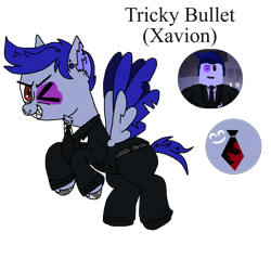 Size: 1920x1829 | Tagged: safe, derpibooru import, oc, oc only, pegasus, pony, agent, black eye, braces, bruised, clothes, damaged wing, damaged wings, ear piercing, piercing, ponified, roblox, simple background, solo, species swap, suit, torn ear, transparent background