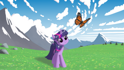 Size: 1920x1080 | Tagged: safe, artist:purblehoers, derpibooru import, twilight sparkle, unicorn twilight, butterfly, pony, unicorn, g4, :3, behaving like a cat, cloud, female, flower, grass, horn, mare, meadow, mountain, mountain range, rock, sky, smiling, solo, tree