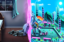 Size: 4015x2656 | Tagged: safe, artist:nebularobo, derpibooru import, rainbow dash, anthro, human, pegasus, g4, all fours, clothes, collar, cyberpunk, happy, high res, human to anthro, indoors, open mouth, open smile, outdoors, portal, smiling, solo, species swap, transformation, wings