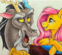 Size: 609x537 | Tagged: safe, artist:hogg_draws, artist:hoggoblin, derpibooru import, discord, fluttershy, g4, crayon drawing, discoshy, drawing, female, grin, looking at each other, looking at someone, male, paper, shipping, signature, smiling, smiling at each other, snaggletooth, straight, traditional art