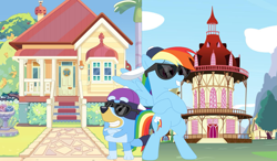 Size: 1819x1059 | Tagged: safe, artist:shieldwingarmorofgod, derpibooru import, rainbow dash, dog, pegasus, g4, backwards ballcap, baseball cap, bipedal, bluey, bluey heeler, cap, female, hat, smiling, sunglasses, tomboy