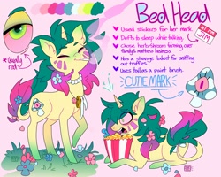 Size: 1500x1200 | Tagged: safe, artist:ayyolilikoi, derpibooru import, oc, oc only, oc:bed head, pony, unicorn, blunt, drug use, drugs, female, flower, flower in hair, flower in tail, food, horn, jewelry, leonine tail, lying down, mare, marijuana, necklace, popcorn, prone, smoking, solo, tail