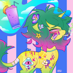 Size: 1000x1000 | Tagged: safe, artist:ayyolilikoi, derpibooru import, oc, oc only, oc:bed head, pony, unicorn, abstract background, band-aid, bandage, blunt, drink, drug use, drugs, female, flower, flower in hair, flower in tail, horn, jewelry, leonine tail, mare, marijuana, necklace, smoking, smoothie, solo, tail