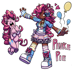 Size: 4701x4629 | Tagged: safe, artist:bitcrushedrain, derpibooru import, pinkie pie, earth pony, human, pony, g4, alternate hairstyle, boots, bracelet, breasts, choker, clothes, cute, dark skin, diapinkes, eyes closed, female, fingerless gloves, freckles, gloves, human ponidox, humanized, jewelry, mare, mismatched socks, necklace, one eye closed, open mouth, ring, self paradox, self ponidox, shoes, simple background, skirt, socks, solo, striped socks, tanktop, unshorn fetlocks, vest, white background, wink, wristband